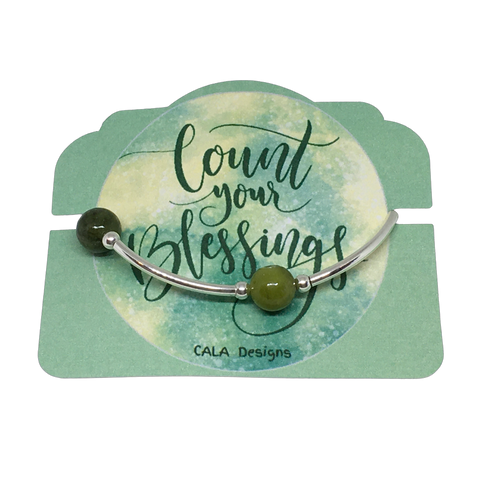 Count your Blessings - Gratitude Blessing Bracelet - Chinese Green Jade 10mm - Sterling Silver