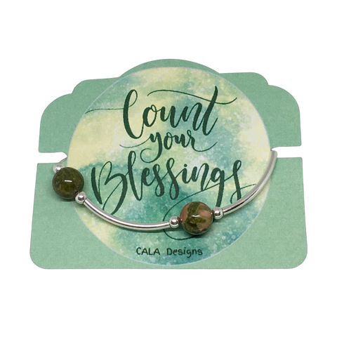 Count your Blessings - Gratitude Blessing Bracelet - Unakite 10mm - Sterling Silver