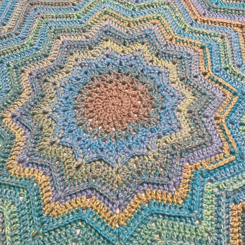 12 Point Star Round Ripple Blanket - Baby Kids Throw - BLUE Multicoloured - Hand Crocheted