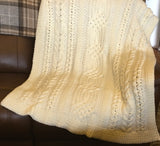 CELTIC Cable design Blanket - Throw - Afghan -  Champagne White - Hand Crocheted