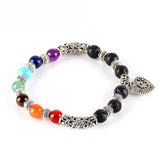 7 Chakra Crystal and Lava Stone Diffuser Aromatherapy Bracelet with Heart Charm - Tibetan Antique Silver Plate - Gift Idea