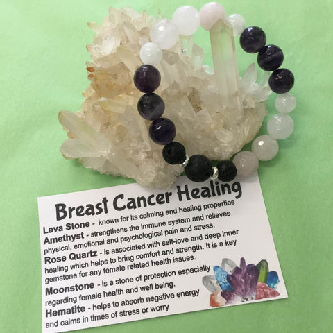 Breast Cancer Support Healing Crystal Gemstone and Lava Beads Bracelet - Aromatherapy Diffuser - Handcrafted