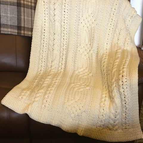 CELTIC Cable design Blanket - Throw - Afghan -  Champagne White - Hand Crocheted