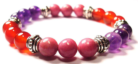 Crystal Gemstone Bracelet - Handcrafted - Natural Amethyst, Carnelian and Rhodonite 8mm
