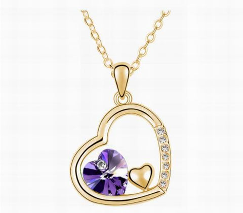 Swarovski Crystal Elements - Double Heart Design Necklace - Gold Plate - DARK Amethyst - Valentines  Day Gift Idea
