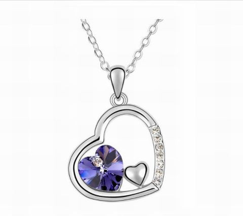 Swarovski Crystal Elements - Double Heart Design Necklace - Platinum Plate - Amethyst - Valentines Day Gift Idea