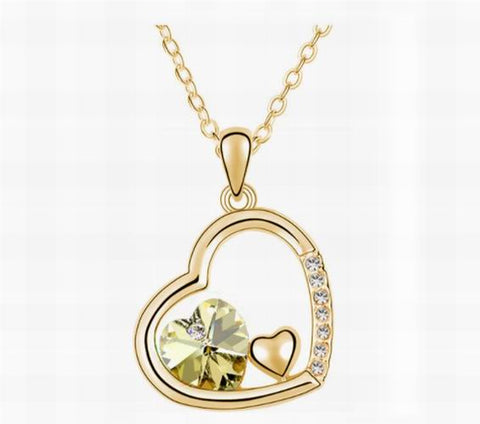 Swarovski Crystal Elements - Double Heart Design Necklace - Gold Plate - Citrine Yellow - Valentines Day Gift Idea