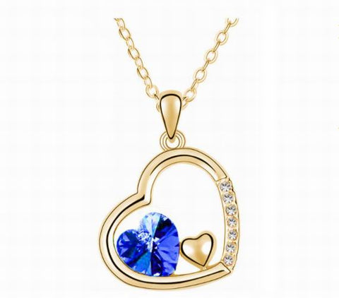 Swarovski Crystal Elements - Double Heart Design Necklace - Gold Plate - Valentines Day Gift Idea