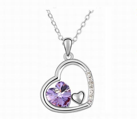Swarovski Crystal Elements - Double Heart Design Necklace - Platinum Plate - Violet - Valentines Day Gift Idea