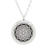 Lotus Flower Mandala Design Aromatherapy Essential Oil Diffuser Necklace - Silver 25mm - Free Chain - Mothers Day Gift Idea