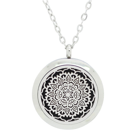 Lotus Flower Mandala Design Aromatherapy Essential Oil Diffuser Necklace - Silver 25mm - Free Chain - Mothers Day Gift Idea