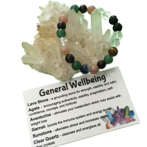 General Wellbeing and Healing Crystal Gemstone and Lava Beads Bracelet - Aromatherapy Diffuser - Handcrafted