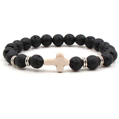 Mens Howlite Cross and Lava Stone Aromatherapy Diffuser Bracelet - Calming, Knowledge, Concentration and Clarity