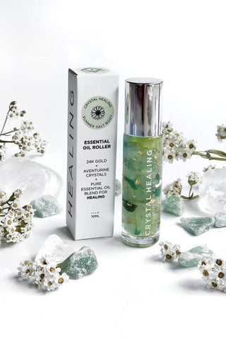 Pure Essential Oil Roller Bottle 10ml with GREEN AVENTURINE Crystal Gemstones -  infused with 24k Gold Flakes