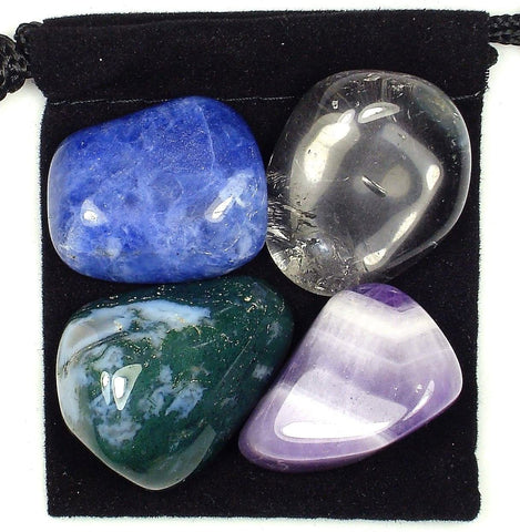 Immune Boost Tumbled Stone Crystal Healing Set with Velvet Pouch - Chevron Amethyst, Moss Agate, Clear Crystal Quartz and Sodalite