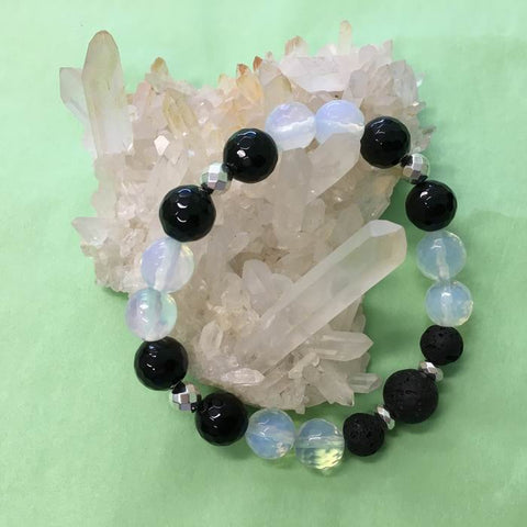Ladies Faceted Black Onyx, Opalite and Lava Stone Aroma Diffuser Bracelet - luck, protection and grounding