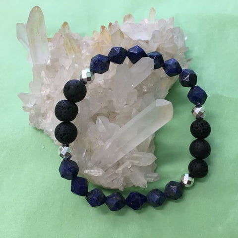 Geometric Lapis Lazuli, Hematite and Lava Stone Aromatherapy Diffuser Bracelet - Communication, Intuition and Inner Power