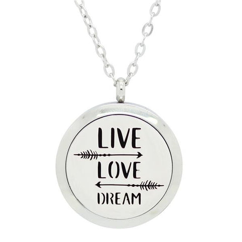 Live, Love and Dream Design Aromatherapy Essential Oil Diffuser Necklace - Silver 30mm - Free Chain - Mothers Day Gift Idea