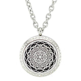 Lotus Flower Mandala Design Aromatherapy Essential Oil Diffuser Necklace - Silver with Crystals 25mm - Free Chain - Mothers Day Gift Idea