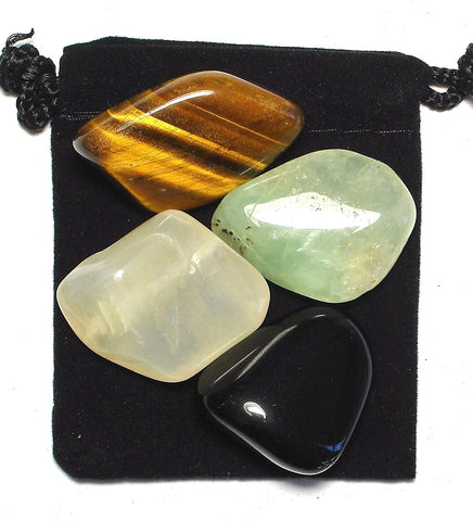 Manifestation (The Law of Attraction) Tumbled Stone Crystal Healing Set with Velvet Pouch - Black Obsidian, Moonstone, Prehnite and Tiger Eye