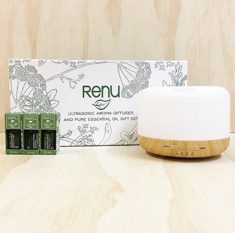 Bamboo Ultrasonic Aroma Mist Diffuser Essential Oil Trio Gift Set - Mother's Day Gift Idea - RENU Aromatherapy