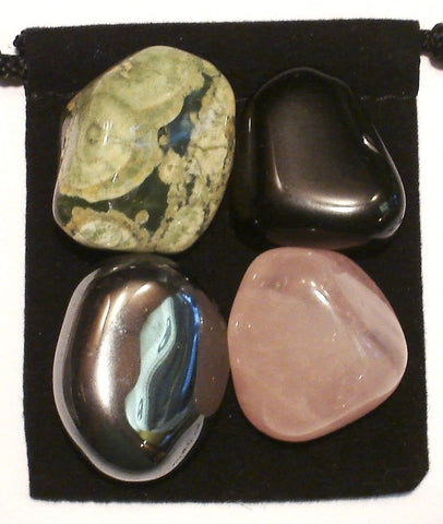 Self Confidence Tumbled Stone Crystal Healing Set with Velvet Pouch - Hematite, Black Onyx, Rose Quartz and Rhyolite