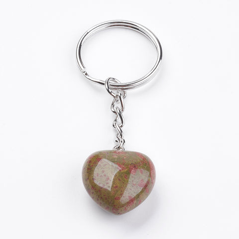 Unakite Crystal Gemstone Puff Heart Key Chain -Balance, Release and Motivation