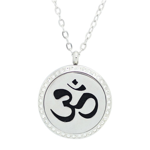 Sanskrit Om Design Aromatherapy Essential Oil Diffuser Necklace with Crystals - Silver 20mm - Free Chain - Mothers Day Gift Idea