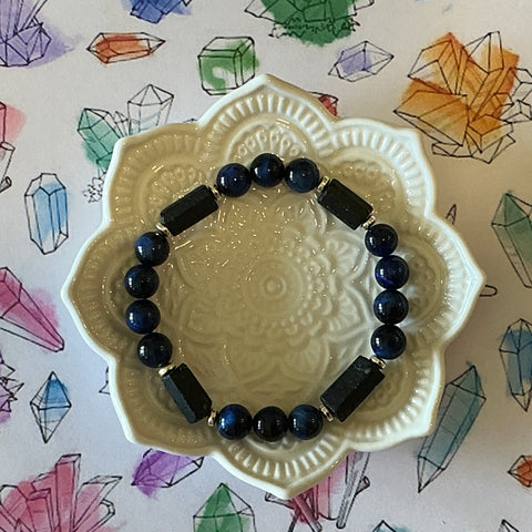 Blue Tiger Eye and Black Tourmaline Strength Crystal Gemstone Bracelet - Handcrafted By CALA Designs
