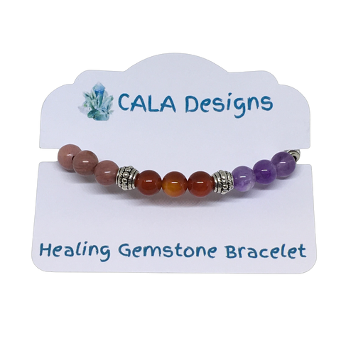 Cancer Support Healing Crystal Gemstone Bracelet - Handcrafted - Amethyst, Carnelian and Rhodonite 8mm