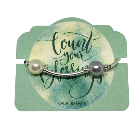 The Blessing Bracelet by CALA Designs - Handmade  - 12mm White and Light Dark Grey Pearl - Silver Plate Spacers
