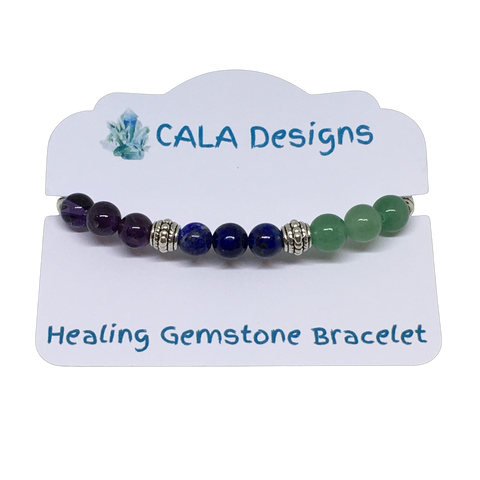 Overcoming Grief Support Healing Crystal Gemstone Bracelet - Handcrafted - Amethyst, Aventurine and Lapis Lazuli  8mm