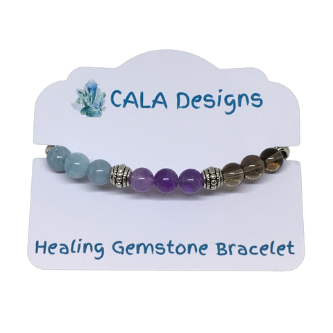 Bad Dreams Support Healing Crystal Gemstone Bracelet - Handcrafted - Amethyst, Blue Chalcedony and Smoky Quartz  8mm