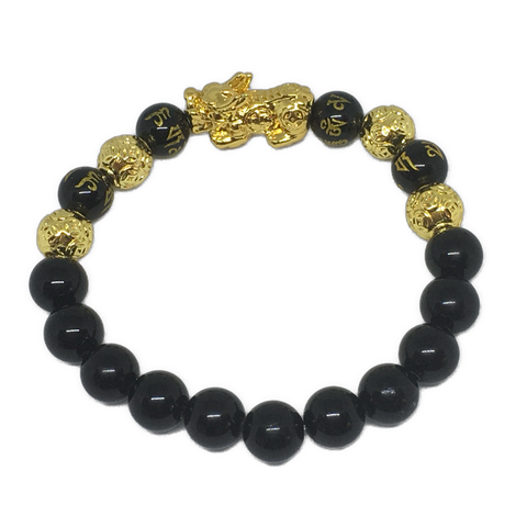 PiXiu and Black Obsidian Crystal Gemstone Bracelet 8mm Unisex - Feng Shui - Abundance, Wealth and Protection