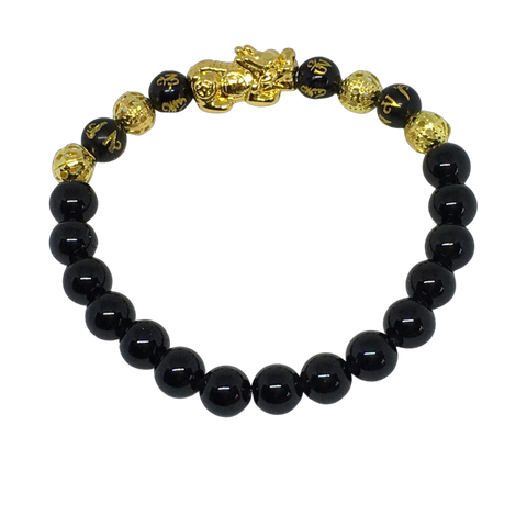 PiXiu and Black Obsidian Crystal Gemstone Bracelet 6mm Child's - Feng Shui - Abundance, Wealth and Protection