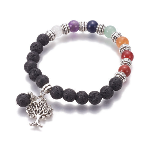 7 Chakra Crystal and Lava Stone Diffuser Aromatherapy Bracelet with Tree of Life Charm - Tibetan Antique Silver Plate - Gift Idea