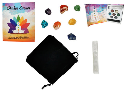 Chakra Healing Stones with Mini Selenite Wand - Tumbled Stones (Medium) - Velvet Pouch - Gift idea