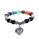 7 Chakra Natural Crystal Gemstone Bracelet with Tibetan Silver Heart Dangle - Gift Idea