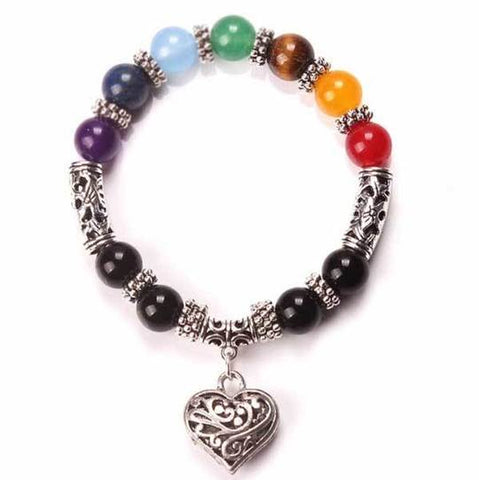 7 Chakra Natural Crystal Gemstone Bracelet with Tibetan Silver Heart Dangle - Gift Idea