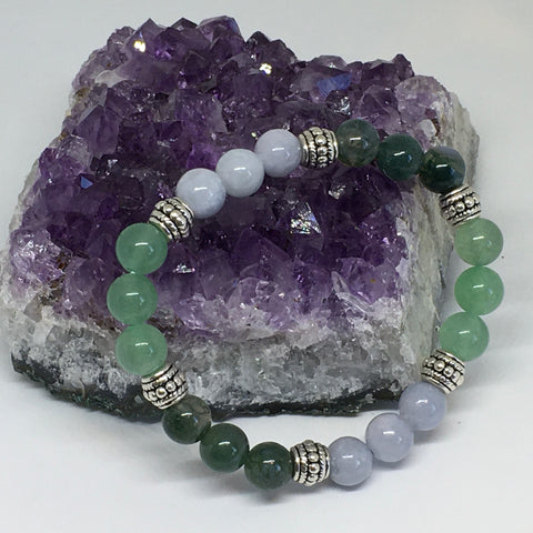 Inflammation Support Healing Crystal Gemstone Bracelet - Handcrafted - Green Aventurine, Blue Chalcedony, and Moss Agate 8mm