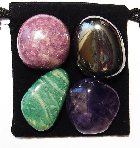 ADD and ADHD Relief Tumbled Stone Crystal Healing Set with Velvet Pouch - Amazonite, Amethyst, Hematite and Lepidolite