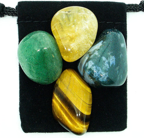 Abundance and Prosperity Tumbled Stone Crystal Healing Set with Velvet Pouch - Green Aventurine, Citrine, Moss Agate,and Tiger Eye