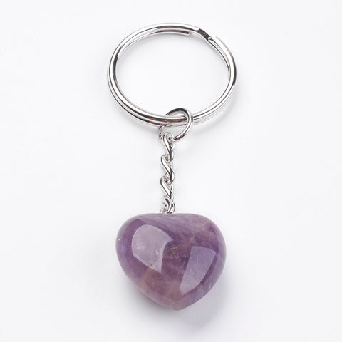 Amethyst Crystal Gemstone Puff Heart Key Chain - Protection, Purification and Spirituality - February Birthstone