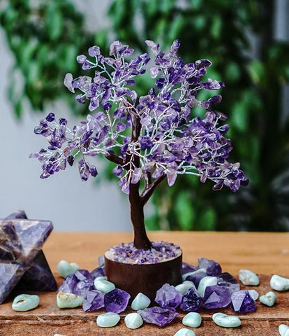 Amethyst Crystal Gemstone Tree - MEDIUM - Brown Trunk and Base - Protection, Purification and Spirituality - Valentines Day Gift Idea
