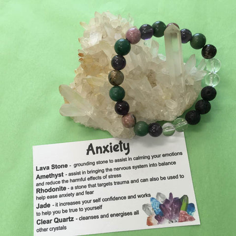 Anxiety Relief Healing Crystal Gemstone and Lava Bead Bracelet - Aromatherapy Diffuser - Handcrafted