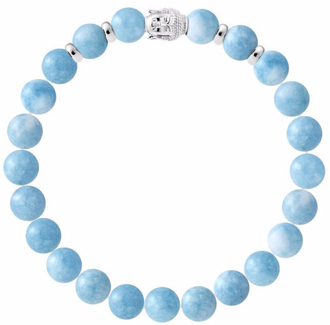 Crystal Aquamarine Gemstone Bracelet 8 mm with Silver Buddha Head - Handcrafted