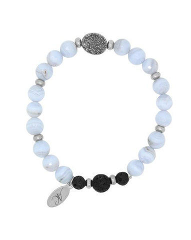 Blue Lace Agate Gemstone, Oval Druzy and Lava Aroma Essential Oil Diffuser Bracelet - Hope, Strength and Balance - Mothers Day Gift Idea