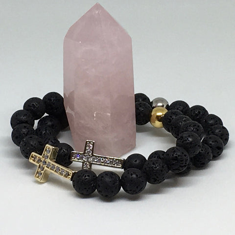 Ladies Lava Stone Diffuser Aromatherapy Bracelet with Swarovski Crystal Elements Cross - Gold or Silver Tone