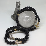 Mens Lava Stone Diffuser Aromatherapy Bracelet with Swarovski Crystal Elements Cross - Gold or Silver Tone