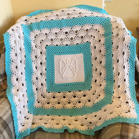 Guardian Angel Motif and Shell Design Heirloom Blanket - Baby BLUE - Cot Blanket - Christening - Gift - Throw - Afghan - Shawl - Hand Crocheted